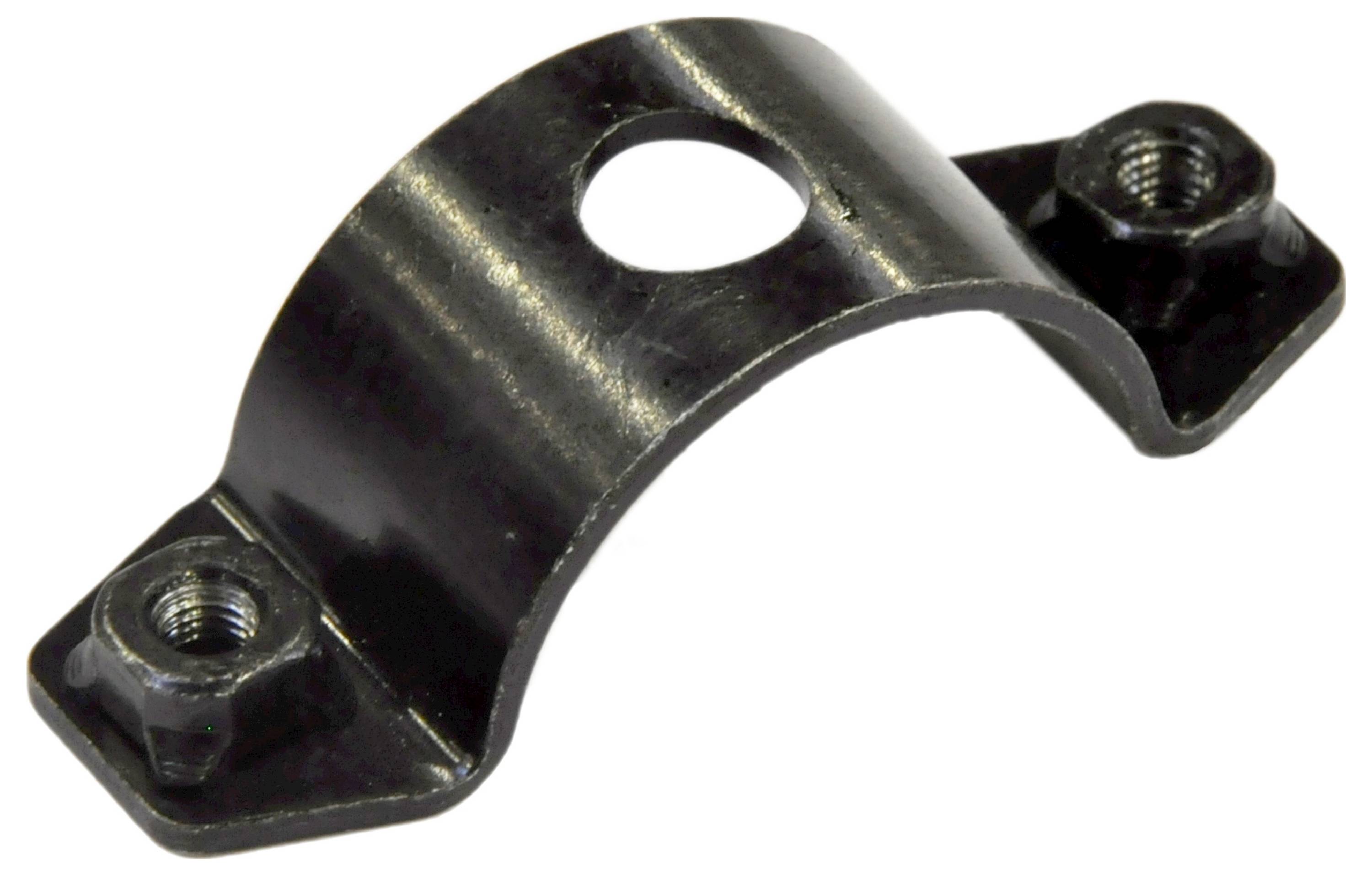 Eine Metallhalterung mit einem zentralen Loch, leicht gebogen und zwei Befestigungslöchern an jedem Ende.