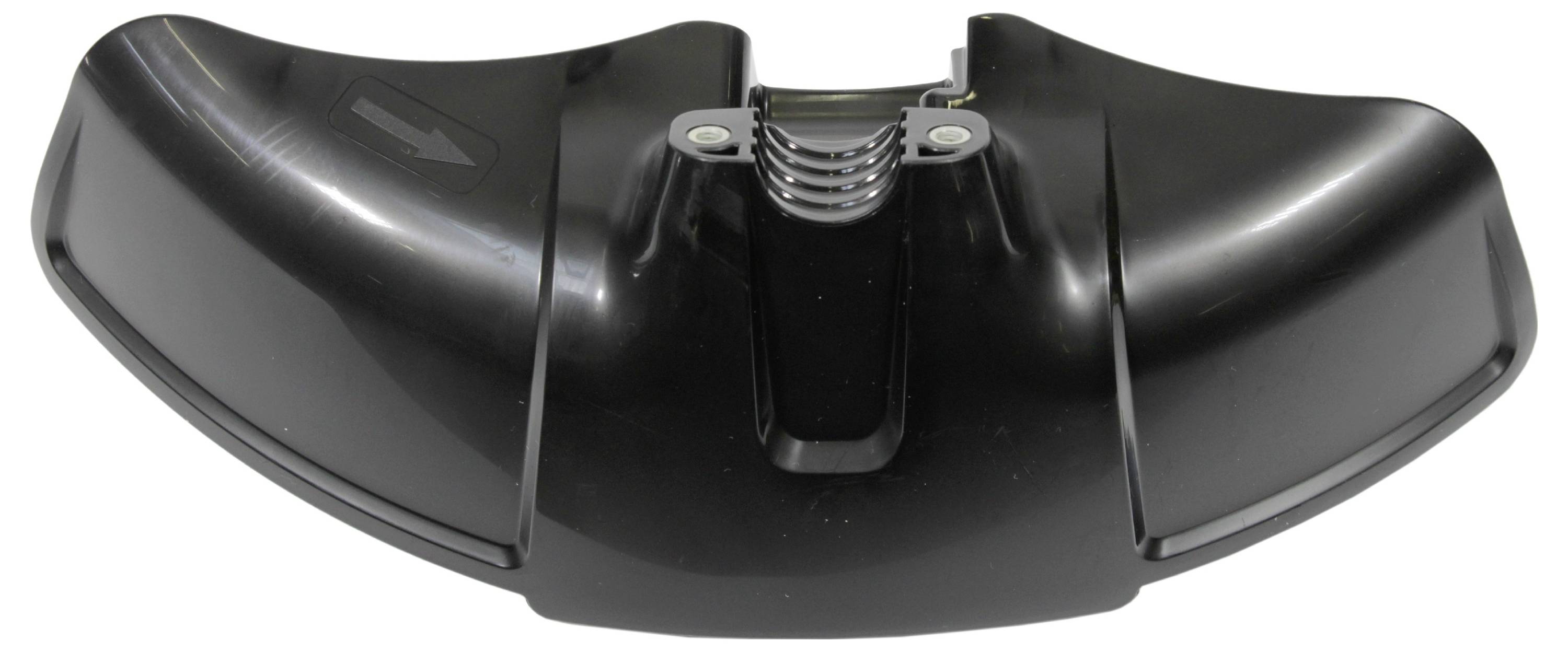 Ein schwarzer Kunststoff-Automobilbauteil mit einer zentralen Scharnierstelle und zwei symmetrischen, geschwungenen Abschnitten, der einem Flügel oder Abweiser ähnelt.