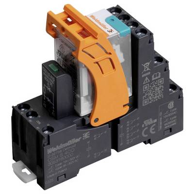 Ein Weidmüller Relaismodul mit einem orangefarbenen Hebel und grauem Sockel, versehen mit verschiedenen elektrischen Spezifikationen, die auf den Komponenten gedruckt sind.