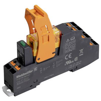 Ein Weidmüller Relaismodul mit einem orangefarbenen Hebel, beschriftet mit D-SERIE DRI Relais auf einer schwarzen Basis, verwendet für elektrische Steuerungssysteme.