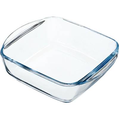 Eine transparente quadratische Glasbackform mit integrierten Griffen, konzipiert zum Kochen oder Servieren von Speisen.