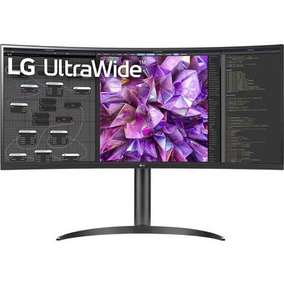 Ein großer, gebogener LG UltraWide-Monitor, der eine Simulationsschnittstelle mit Knotenverbindungen links und farbenfrohen 3D-Grafiken in der Mitte zeigt.