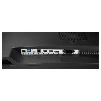 Rückseite eines Monitors, die verschiedene Anschlüsse zeigt: USB, HDMI und einen Stromstecker, die Konnektivitätsoptionen veranschaulichend.