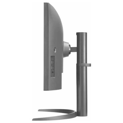 Seitenansicht eines schlanken Computermonitors auf einem Ständer, der seine Anschlüsse und sein elegantes Design zeigt.