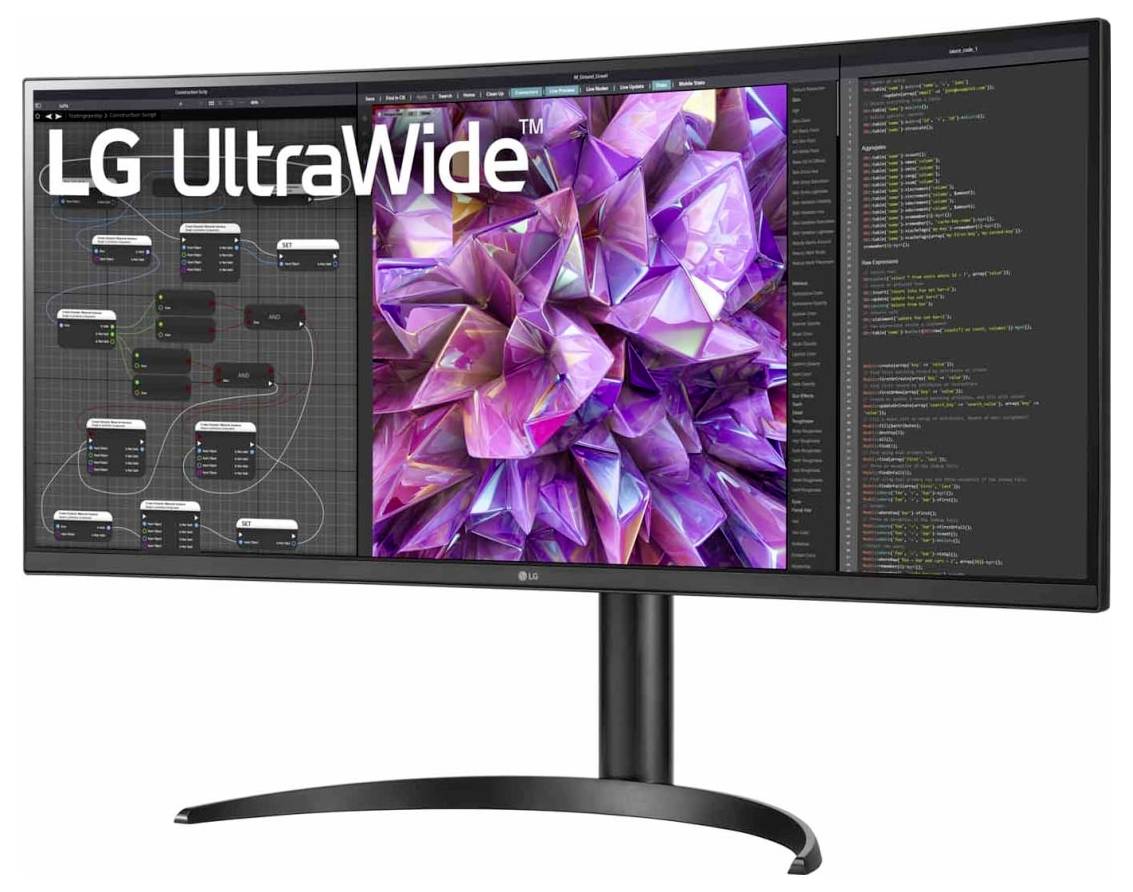 LG UltraWide-Curved-Monitor, der eine 3D-Grafikdesign-Anwendung mit Knoten und Code-Editor neben lebendiger geometrischer Kunst zeigt.
