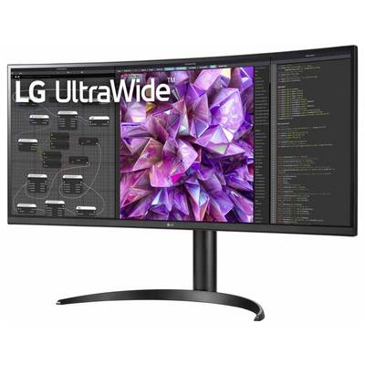 LG UltraWide-Curved-Monitor, der eine 3D-Grafikdesign-Anwendung mit Knoten und Code-Editor neben lebendiger geometrischer Kunst zeigt.