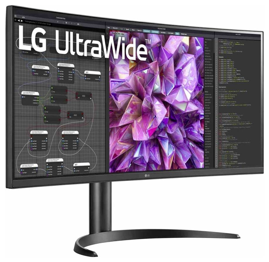 Ein großer gebogener Computerbildschirm, der Grafikdesign-Software zeigt, mit einem lebhaften, violetten geometrischen Kunstwerk in der Mitte.
