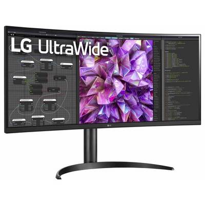 Gekrümmter Monitor, der eine Softwareentwicklungsumgebung mit Code, einem Flussdiagramm und einem lila geometrischen Muster zeigt. LG UltraWide-Branding.