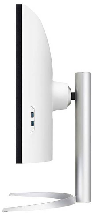 Seitenansicht eines schlanken, modernen Computermonitors mit dünnem Rahmen und integriertem Ständer. Zwei USB-Anschlüsse sind an der Seite sichtbar.