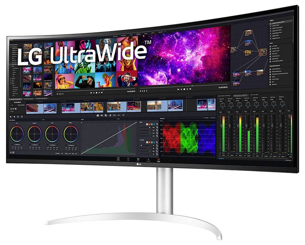Breiter, geschwungener Monitor, der lebendige Multimedia-Bearbeitungstools und Grafiken anzeigt, mit 'LG UltraWide'-Text auf dem Bildschirm.