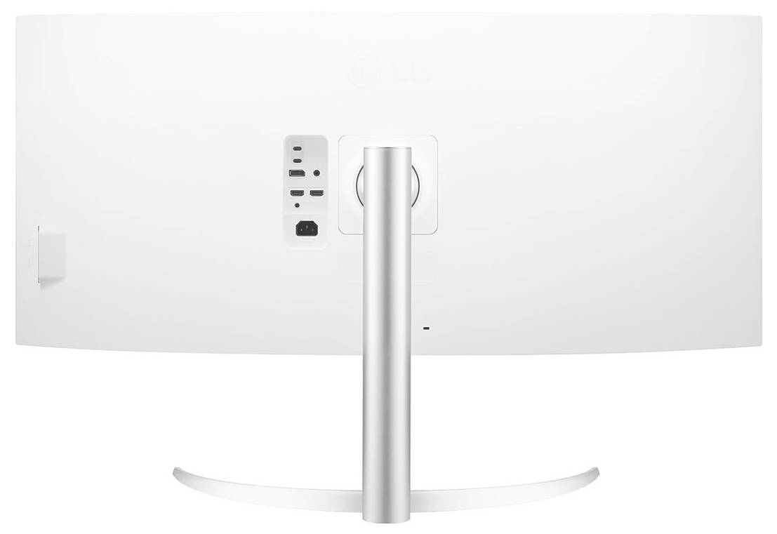 Ein weißer LG-Monitor, von hinten gesehen, mit Anschlüssen und einem eleganten Ständerdesign.