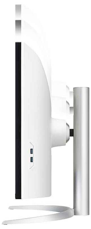 Seitenansicht eines modernen weißen Computermonitors mit einem schlanken silbernen Ständer, der seitliche USB-Anschlüsse aufweist.