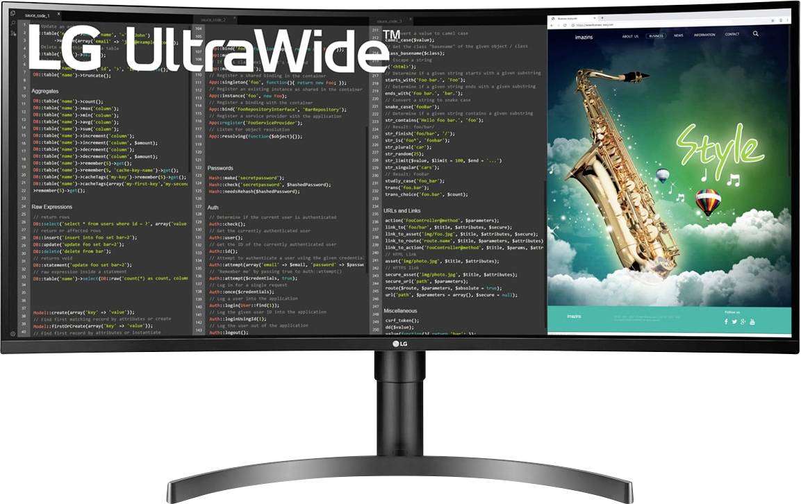 Gebogener LG UltraWide-Monitor mit Code auf der linken Seite und einem farbenfrohen Saxophon-Bild mit der Bezeichnung "Stil" auf der rechten Seite.