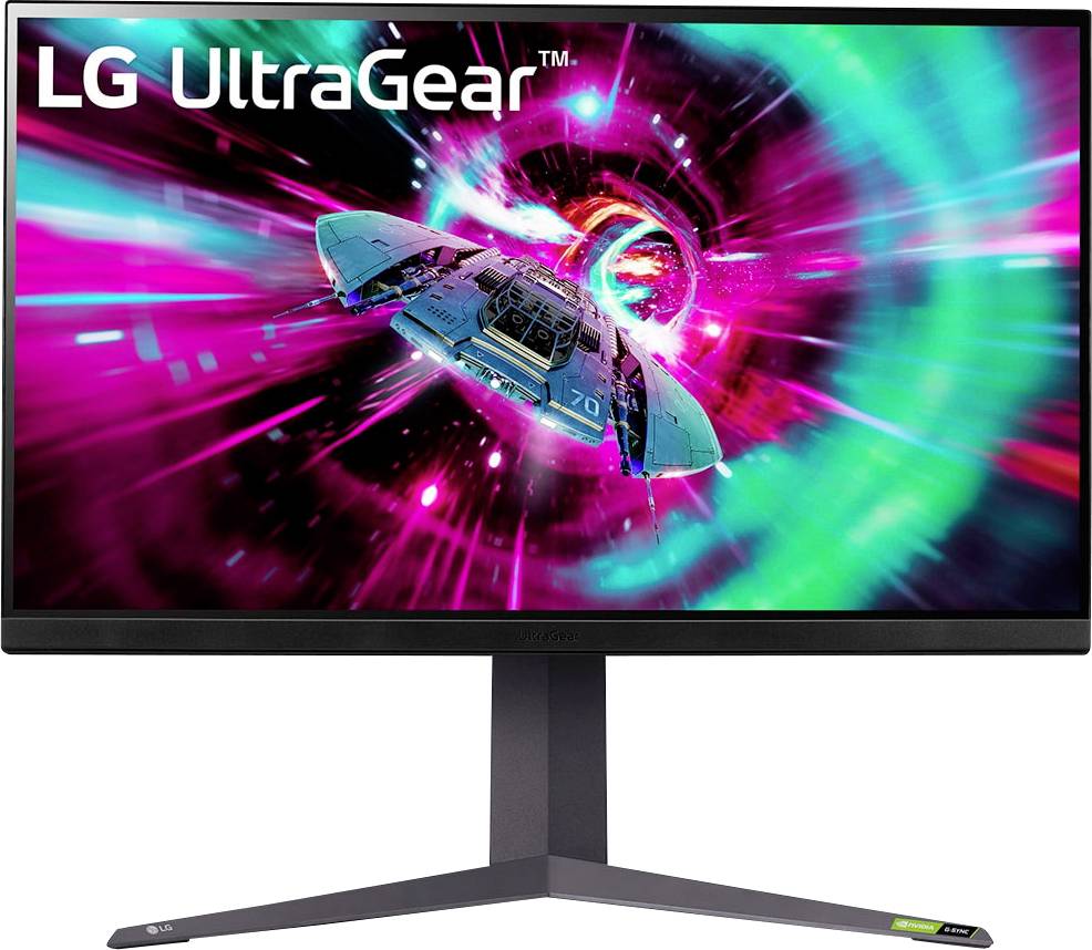 LG UltraGear Monitor, der eine lebendige Science-Fiction-Szene mit einem Raumschiff zeigt, das durch einen farbenfrohen Warp-Tunnel fliegt.