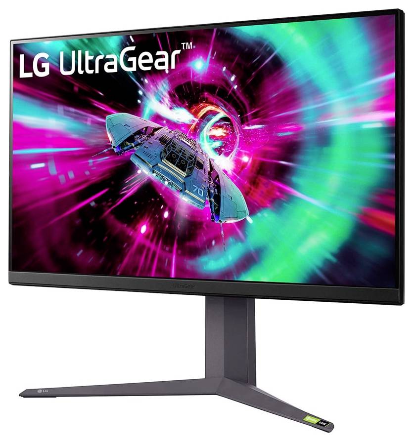 LG UltraGear Monitor, der eine leuchtend farbenfrohe Science-Fiction-Szene mit einem Raumschiff zeigt, das durch einen hellen Energietunnel reist.