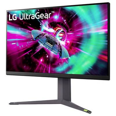 LG UltraGear Monitor, der eine leuchtend farbenfrohe Science-Fiction-Szene mit einem Raumschiff zeigt, das durch einen hellen Energietunnel reist.