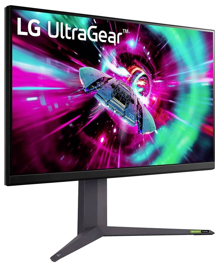 LG UltraGear Monitor mit lebendiger, farbenfroher Science-Fiction-Raumschiff-Grafik auf dem Bildschirm, der dynamische visuelle Eindrücke hervorhebt, die sich für Gaming eignen.