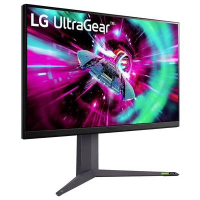 LG UltraGear Monitor mit lebendiger, farbenfroher Science-Fiction-Raumschiff-Grafik auf dem Bildschirm, der dynamische visuelle Eindrücke hervorhebt, die sich für Gaming eignen.