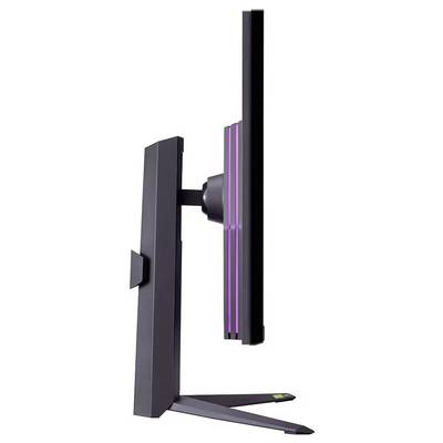 Ein schlanker, moderner Monitor von der Seite betrachtet, der ein dünnes Profil mit einem schlanken Ständer und violetter Akzentbeleuchtung auf der Rückseite zeigt.