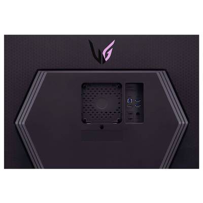 Rückseite eines Monitors mit Montagehalterung, Logo oben und Anschlüssen wie HDMI, DisplayPort, USB und Kopfhörerbuchse.