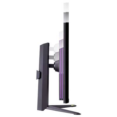 Seitenansicht eines schlanken, modernen Gaming-Monitors mit schmalem Profil, verstellbarem Ständer und lila leuchtenden Akzenten auf der Rückseite.