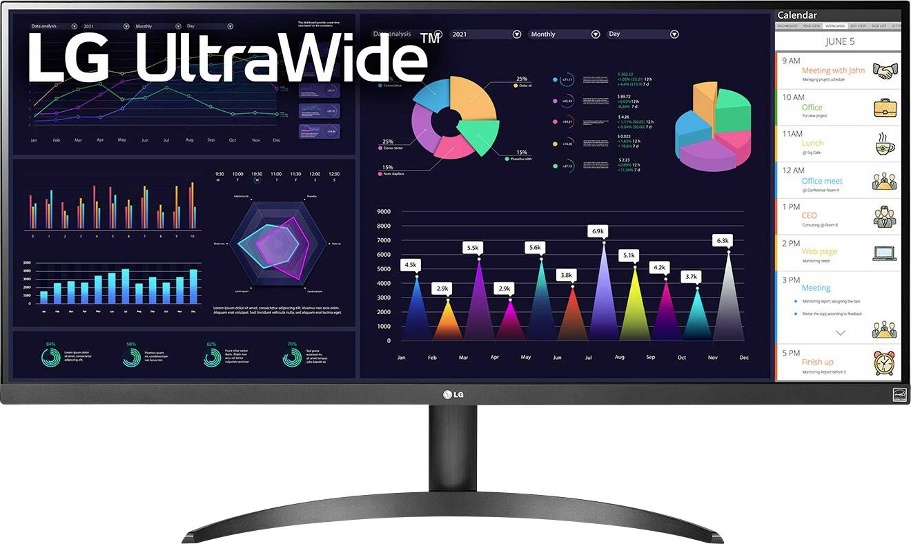 LG UltraWide Monitor, der verschiedene Diagramme und Grafiken zeigt. Kalender-Seitenleiste zeigt Terminplan vom 5. Juni mit Besprechungen und Aufgaben.