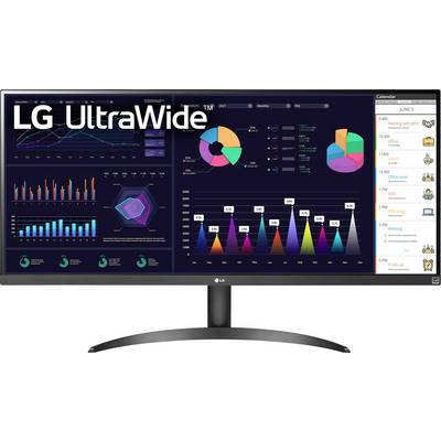 LG UltraWide Monitor, der verschiedene Diagramme und Grafiken zeigt. Kalender-Seitenleiste zeigt Terminplan vom 5. Juni mit Besprechungen und Aufgaben.
