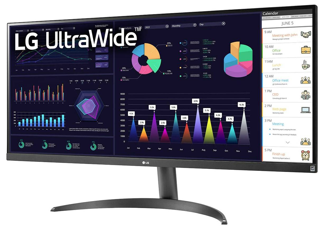 LG UltraWide Monitor, der Grafiken und einen Kalender mit Meetings und Erinnerungen anzeigt. Hauptdiagramme umfassen Balkendiagramme und Kreisdiagramme.
