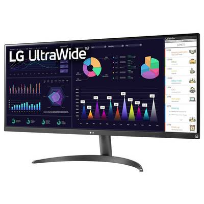 LG UltraWide Monitor, der Grafiken und einen Kalender mit Meetings und Erinnerungen anzeigt. Hauptdiagramme umfassen Balkendiagramme und Kreisdiagramme.