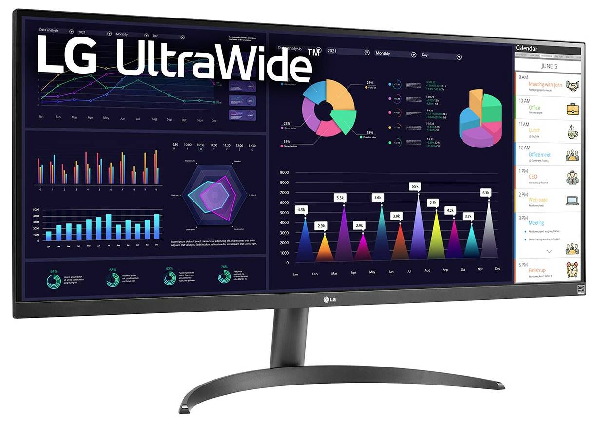 LG UltraWide Monitor mit verschiedenen Grafiken, Diagrammen und einem Kalender, der Geschäftsanalysen und Terminplanung veranschaulicht.