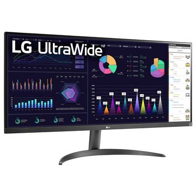 LG UltraWide Monitor mit verschiedenen Grafiken, Diagrammen und einem Kalender, der Geschäftsanalysen und Terminplanung veranschaulicht.