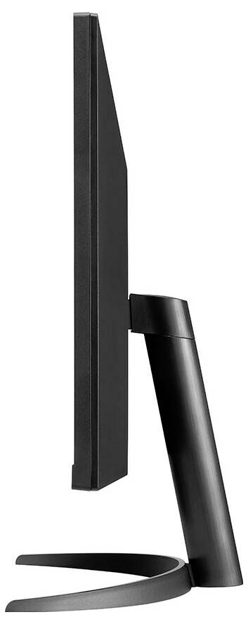 Ein Seitenprofil eines schwarzen Computermonitors auf einem Ständer, das sein schlankes Design und die geschwungene Halterung zeigt.