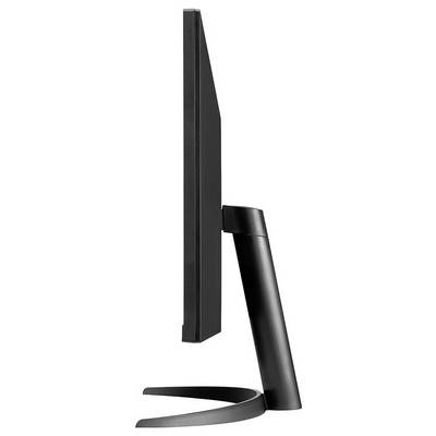 Ein Seitenprofil eines schwarzen Computermonitors auf einem Ständer, das sein schlankes Design und die geschwungene Halterung zeigt.
