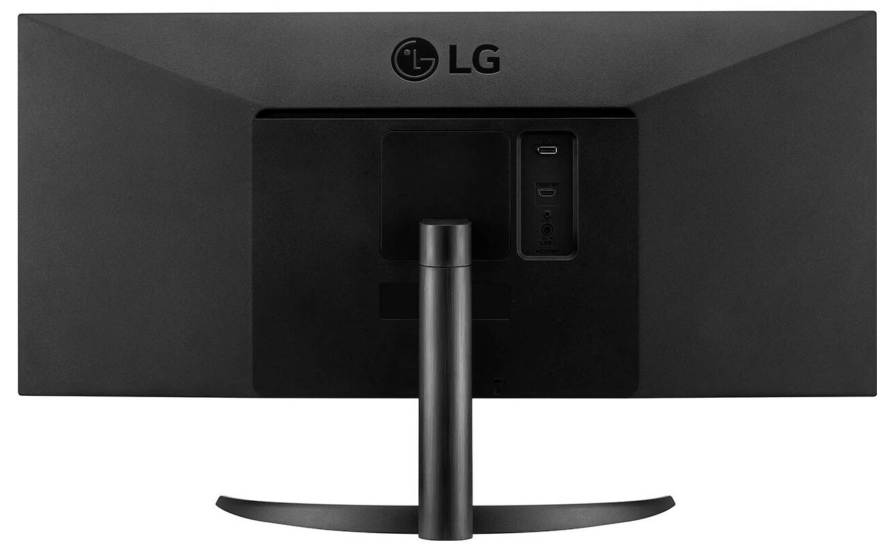 Rückansicht eines LG-Computermonitors, die den Standfuß und die hinteren Anschlüsse zeigt und dabei das schlichte Design und die minimale Anzahl von Anschlüssen betont.