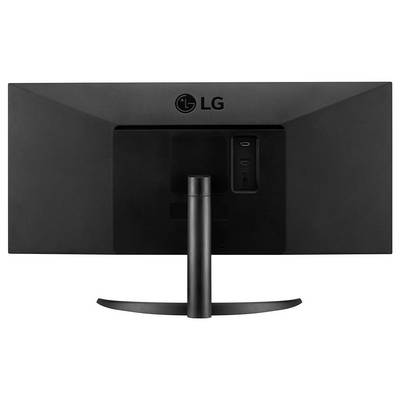 Rückansicht eines LG-Computermonitors, die den Standfuß und die hinteren Anschlüsse zeigt und dabei das schlichte Design und die minimale Anzahl von Anschlüssen betont.