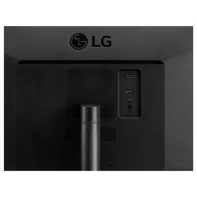 Rückansicht eines LG-Monitors mit einem zentralen Standfuß und HDMI-Anschlüssen auf der rechten Seite.