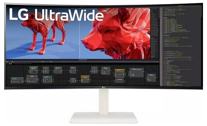 Der LG UltraWide-Bildschirm zeigt eine 3D-Konstruktion eines geometrischen Wolfes auf der linken Seite und Code auf der rechten Seite; der untere Abschnitt präsentiert einen Arbeitsablauf und eine Knotenoberfläche.