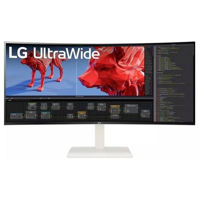 Der LG UltraWide-Bildschirm zeigt eine 3D-Konstruktion eines geometrischen Wolfes auf der linken Seite und Code auf der rechten Seite; der untere Abschnitt präsentiert einen Arbeitsablauf und eine Knotenoberfläche.