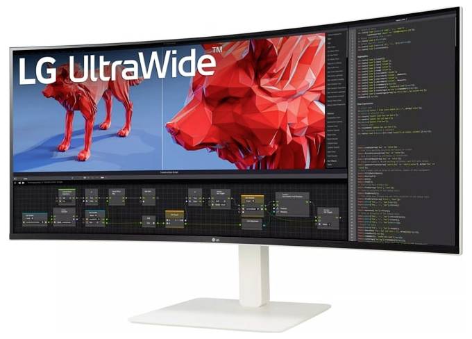 Gebogener LG UltraWide-Monitor, der einen roten, geometrischen Wolf auf der linken Seite und Zeilen von Computercode auf der rechten Seite zeigt.