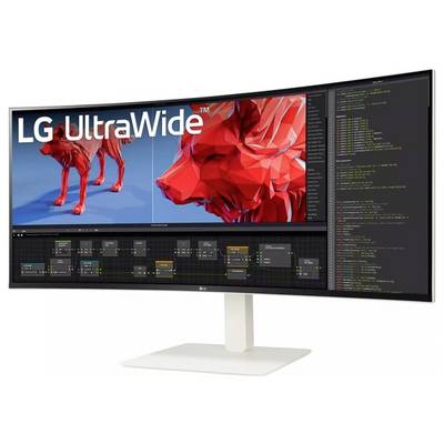 Gebogener LG UltraWide-Monitor, der einen roten, geometrischen Wolf auf der linken Seite und Zeilen von Computercode auf der rechten Seite zeigt.