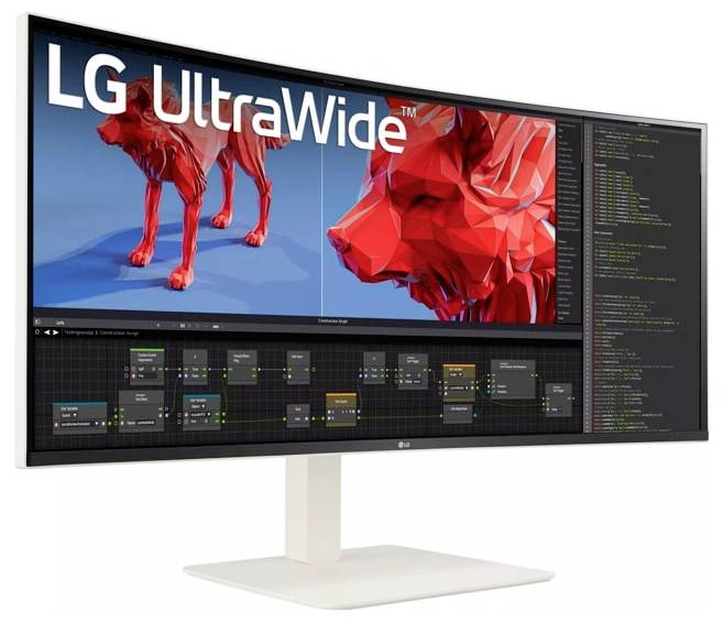 Ein Widescreen-LG-UltraWide-Monitor, der ein digitales Design eines stilisierten Hundes zeigt, mit sichtbarer Software-Schnittstelle und Code sowie Knoten.