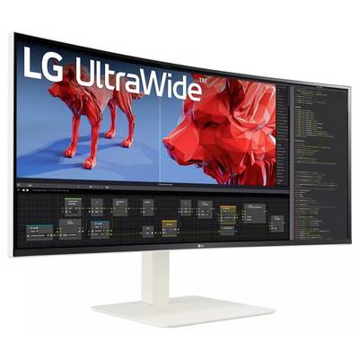 Ein Widescreen-LG-UltraWide-Monitor, der ein digitales Design eines stilisierten Hundes zeigt, mit sichtbarer Software-Schnittstelle und Code sowie Knoten.