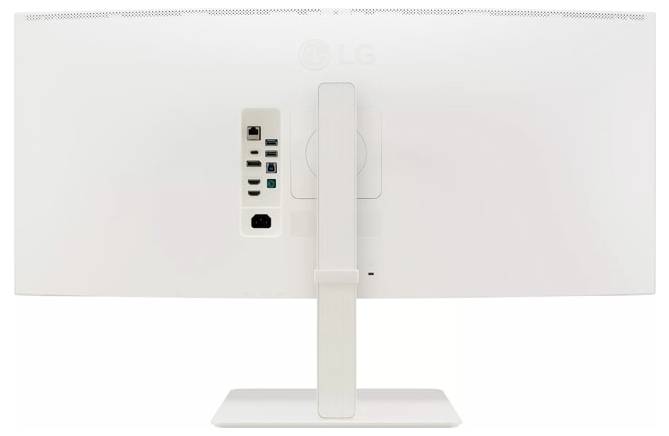 Ein weißer LG-Computermonitor, von hinten betrachtet, mit sichtbaren Anschlüssen und einem eleganten Ständer, geeignet für Büro oder Heimgebrauch.