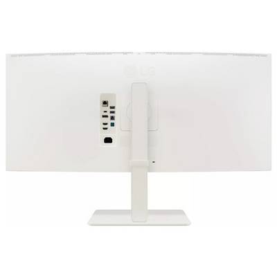 Ein weißer LG-Computermonitor, von hinten betrachtet, mit sichtbaren Anschlüssen und einem eleganten Ständer, geeignet für Büro oder Heimgebrauch.