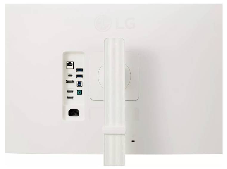 Rückansicht eines weißen LG-Monitors mit verschiedenen Anschlüssen, darunter HDMI, USB und Stromanschluss.