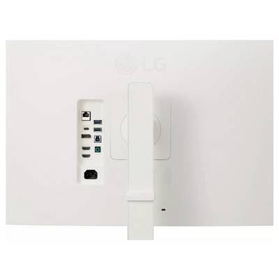 Rückansicht eines weißen LG-Monitors mit verschiedenen Anschlüssen, darunter HDMI, USB und Stromanschluss.