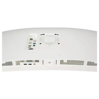 Rückansicht eines gebogenen Monitors mit verschiedenen Anschlüssen wie USB und HDMI, mit sichtbarer Belüftung und Einschaltknopf.
