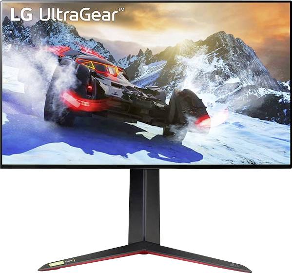 Ein Computermonitor, der eine Rennspielszene mit einem futuristischen Auto auf einer verschneiten Bergstrecke zeigt und Geschwindigkeit und Spannung betont.