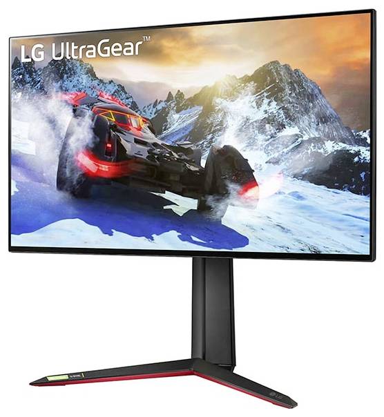 Ein Monitor, der ein Rennspiel zeigt, mit einem Auto, das auf einer verschneiten Bergstrecke driftet, mit Branding von LG UltraGear.