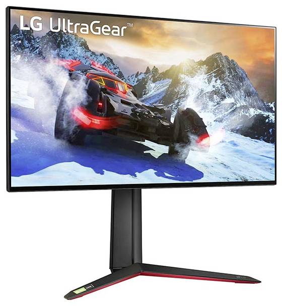 Ein Gaming-Monitor mit der Aufschrift "LG UltraGear" zeigt eine Hochgeschwindigkeits-Autorennen-Szene auf einer schneebedeckten Bergstrecke.